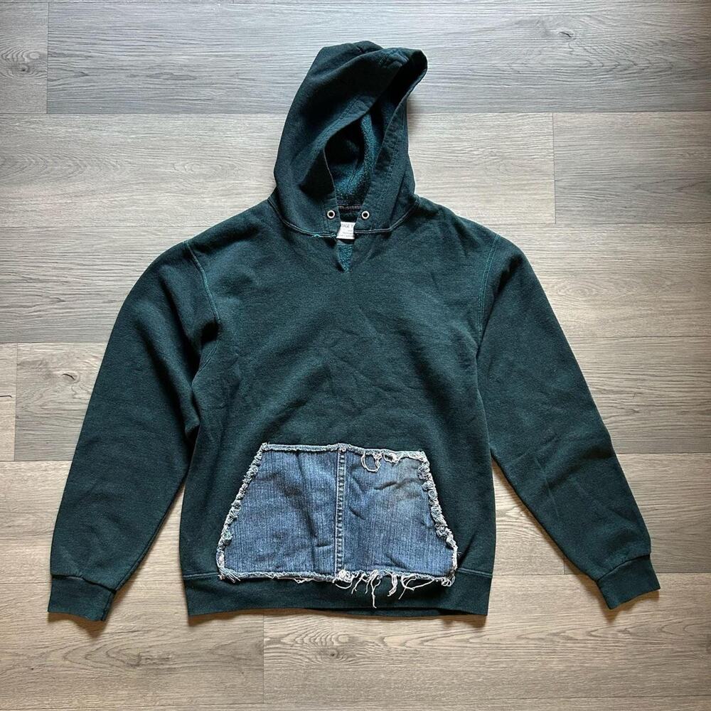 The Vintage Twin Upcycled Forest Green Hoodie with Denim Pocket